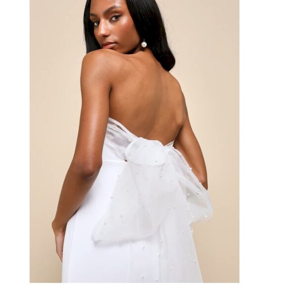Flawless Entrance White Pearl Organza Bow Strapless Mini Dress Lulus Size Medium - Picture 4 of 9